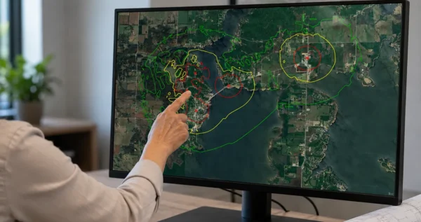 Engineer reviewing an acoustic coverage map during warning system design